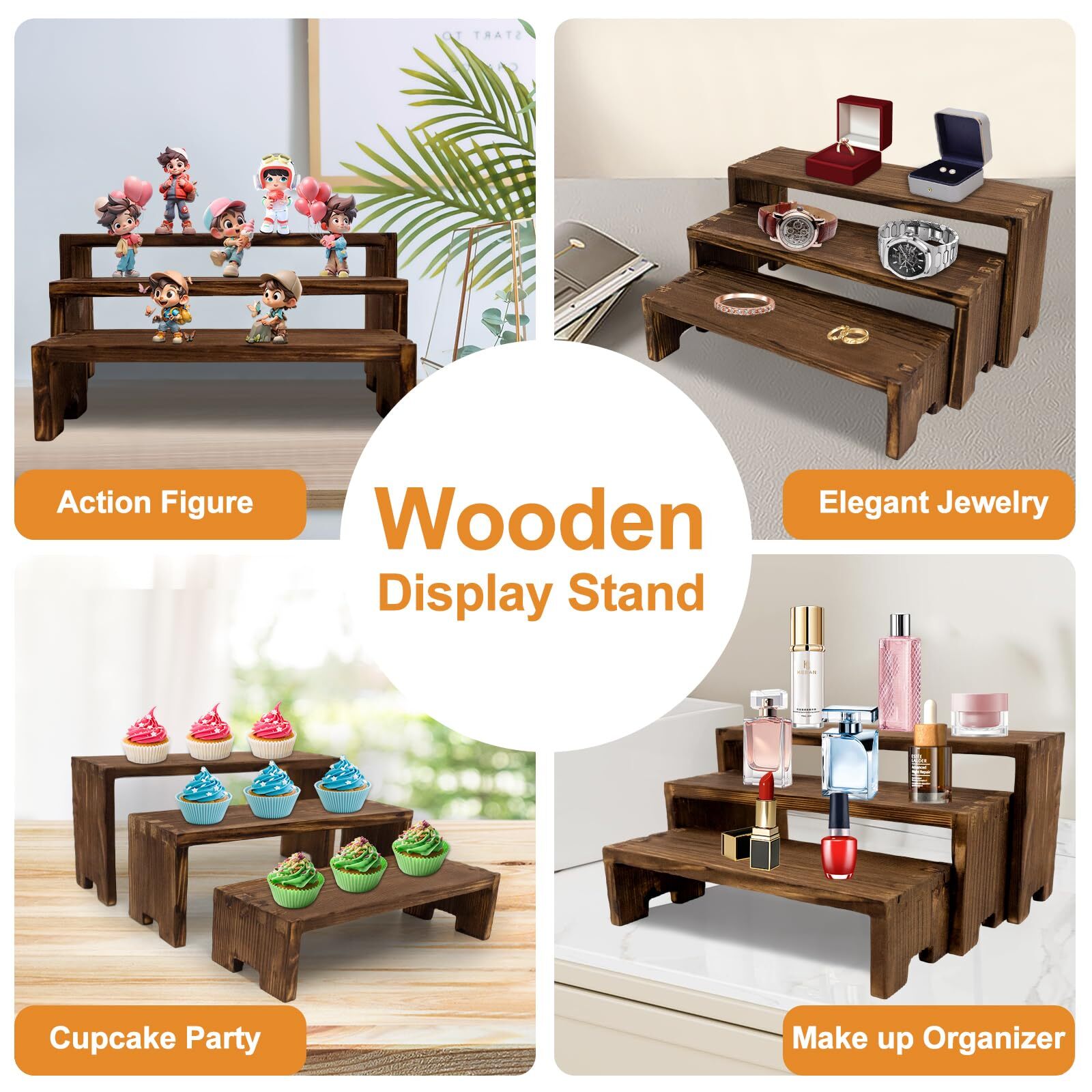 6pcs 3 Tier Wooden Display Risers Set | Rectangular Cupcake Dessert & Retail Display Stands