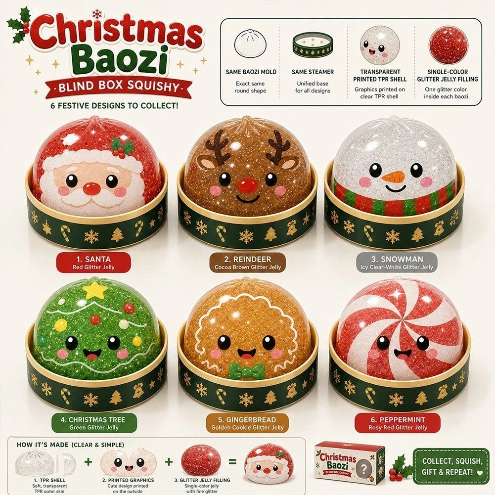 Six Christmas squishy designs: Santa, reindeer, snowman, tree, gingerbread and peppermint