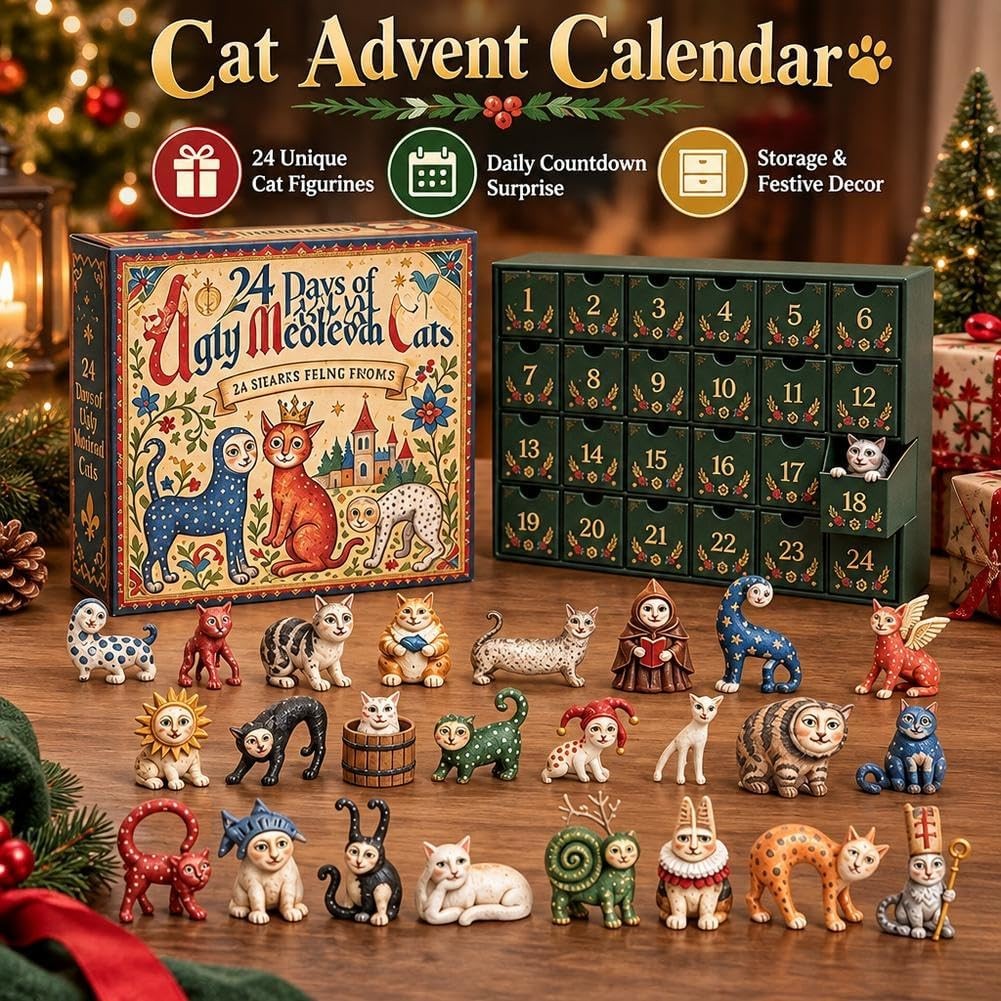Cat advent calendar with 24 unique medieval cat figurines in front of the drawer box