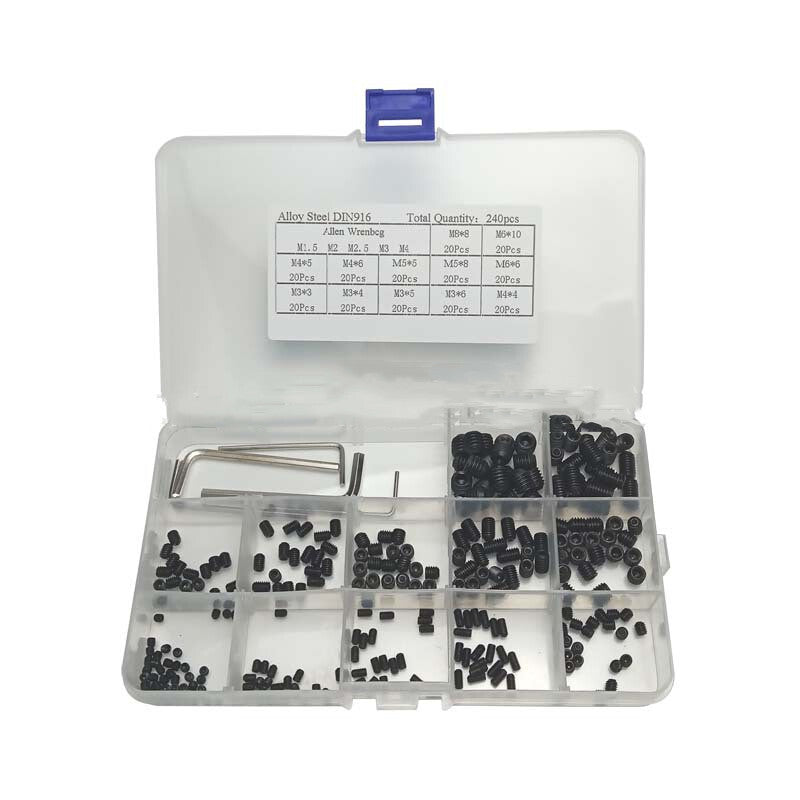 240pcs Hex Socket Grub Screw Set M3–M8 | Carbon Steel Assortment Kit with 5 Hex Keys