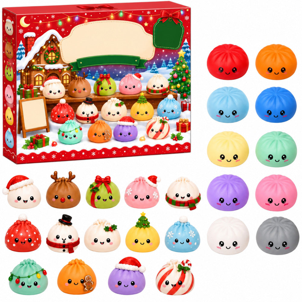 Open-window dumpling squishy advent calendar box with 24 squishies around it