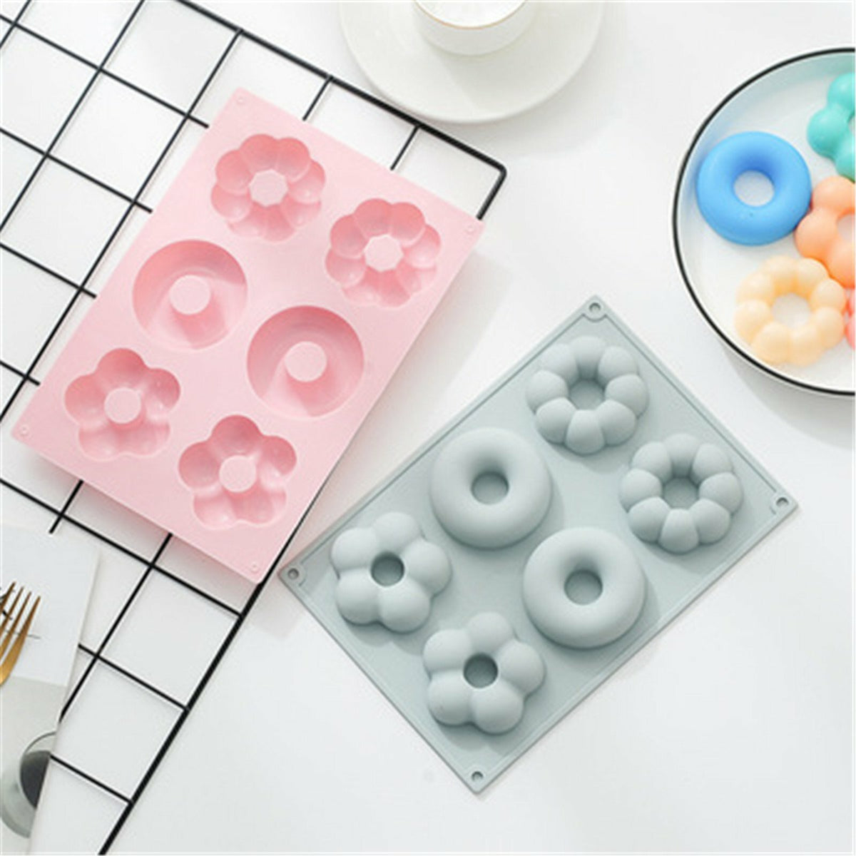 Pink silicone donut baking pan