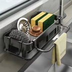 Kitchen Sink Caddy Organizer with Sponge Soap Brush Holder – Countertop Storage Rack with Hooks