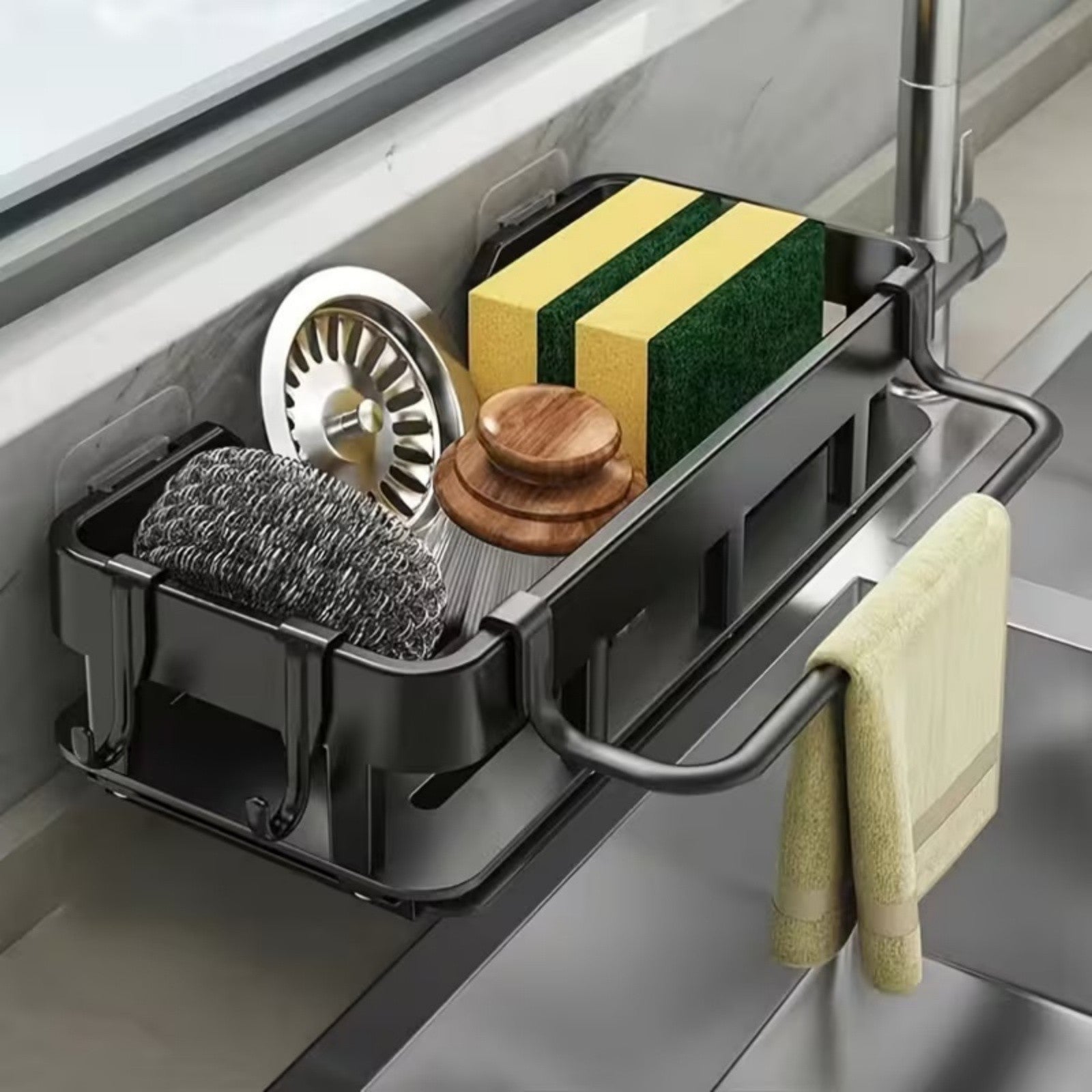 Kitchen Sink Caddy Organizer with Sponge Soap Brush Holder – Countertop Storage Rack with Hooks