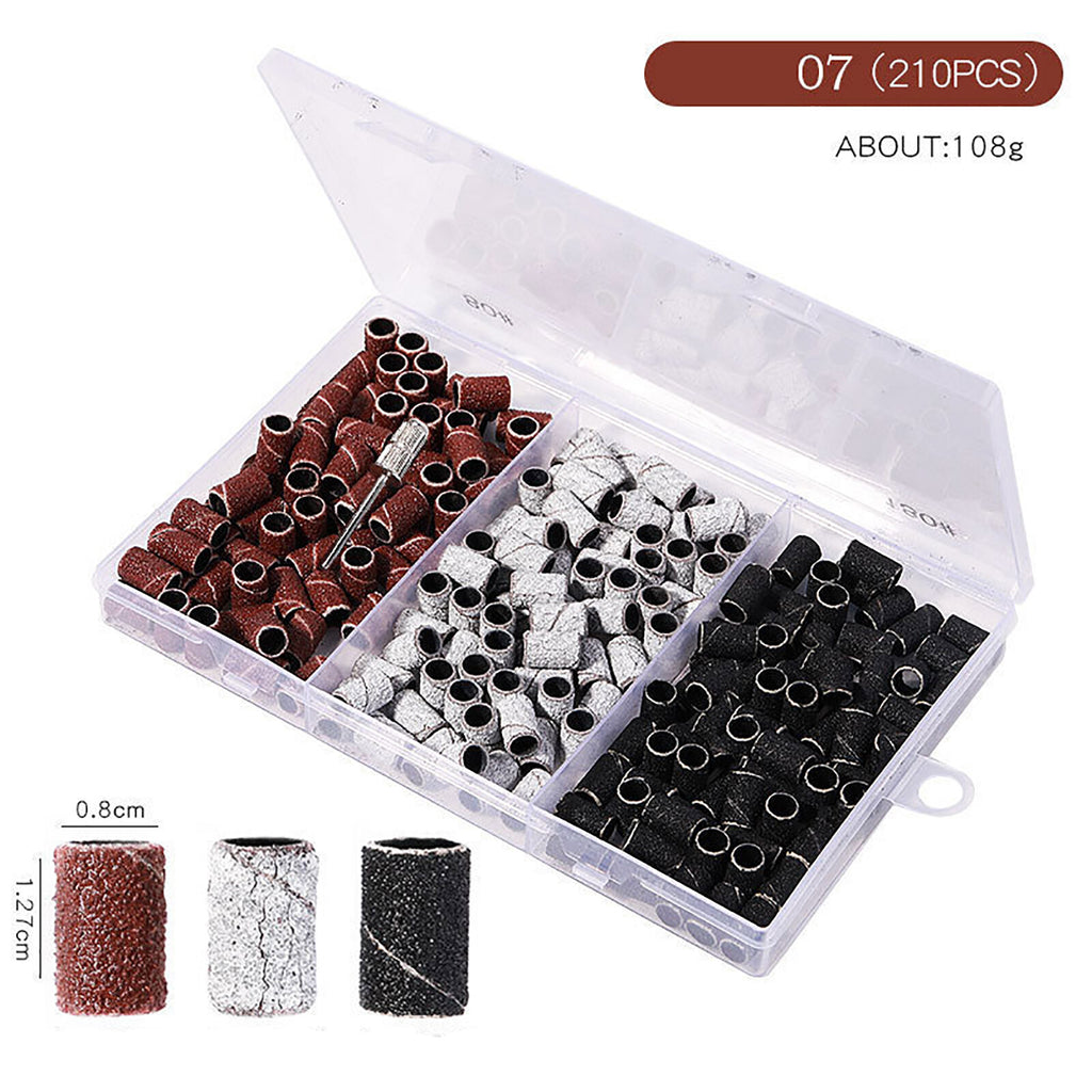 210pcs Nail Drill Sanding Bands Set | 80/120/180 Grit Nail File Bits with Storage Box