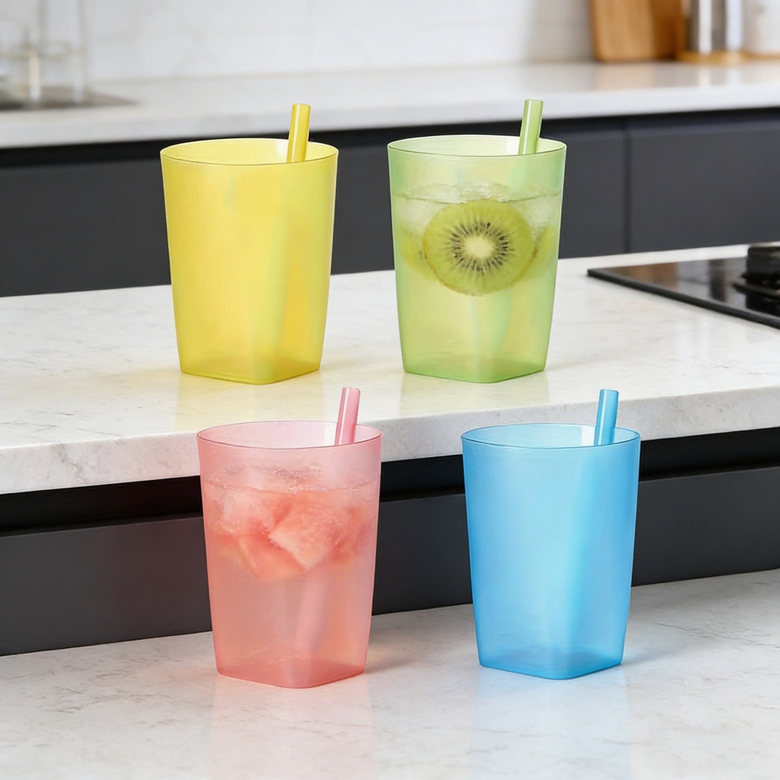 4PCS Integrated Straw Cups - Reusable Easy to Clean Drinking Cups for Home Use