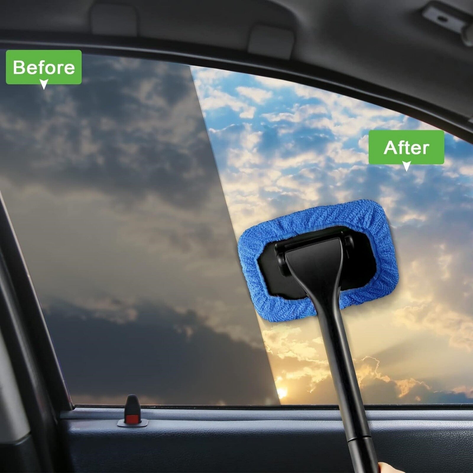 Car Windshield Cleaning Tool with Microfiber Pads – Extendable Glass Cleaner Brush for Auto Windows