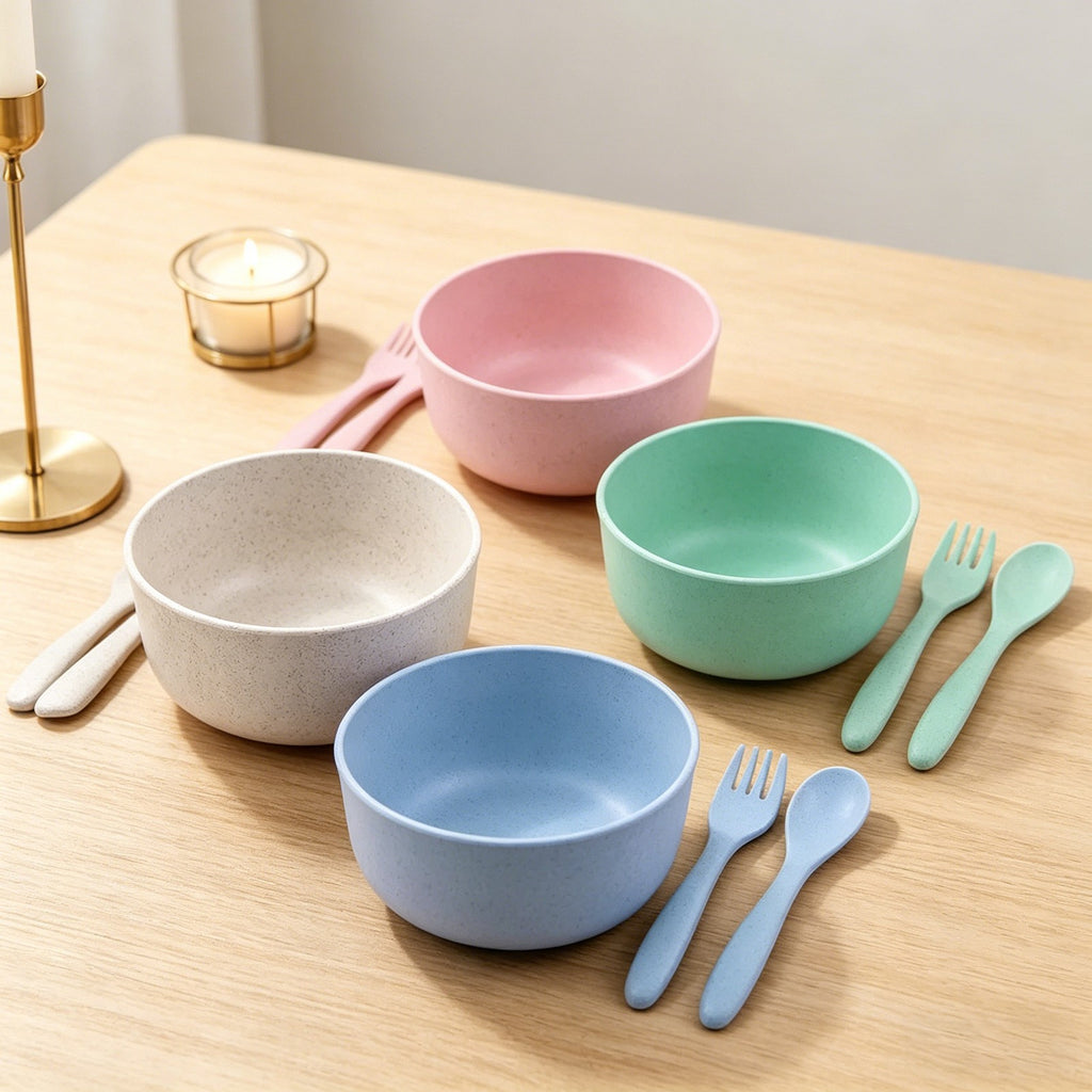 Wheat Straw Dinnerware Set, Kitchen Bowl, Fork and Spoon, Kitchen Dinnerware Set