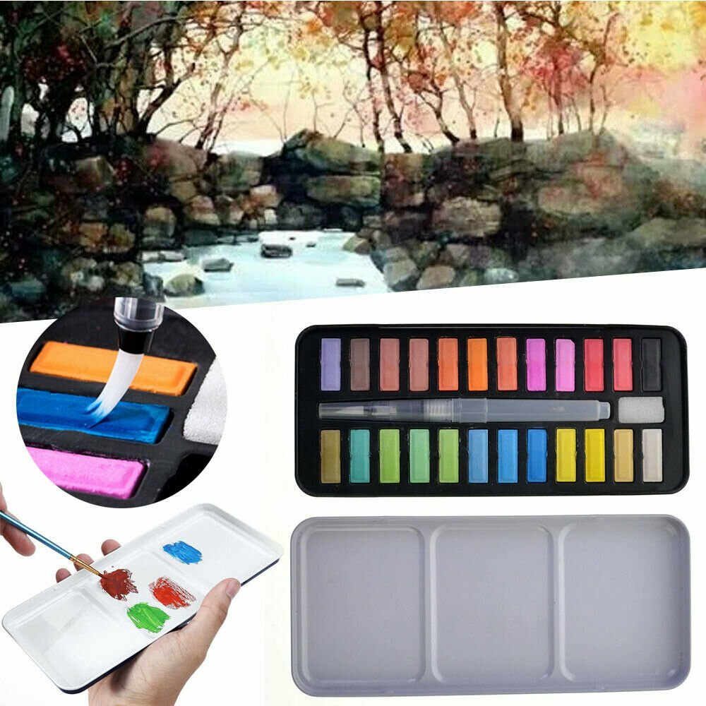 24 or 48 Colour Watercolour Paint Set with Brush - Solid Watercolour Art Kit for Kids and Artists