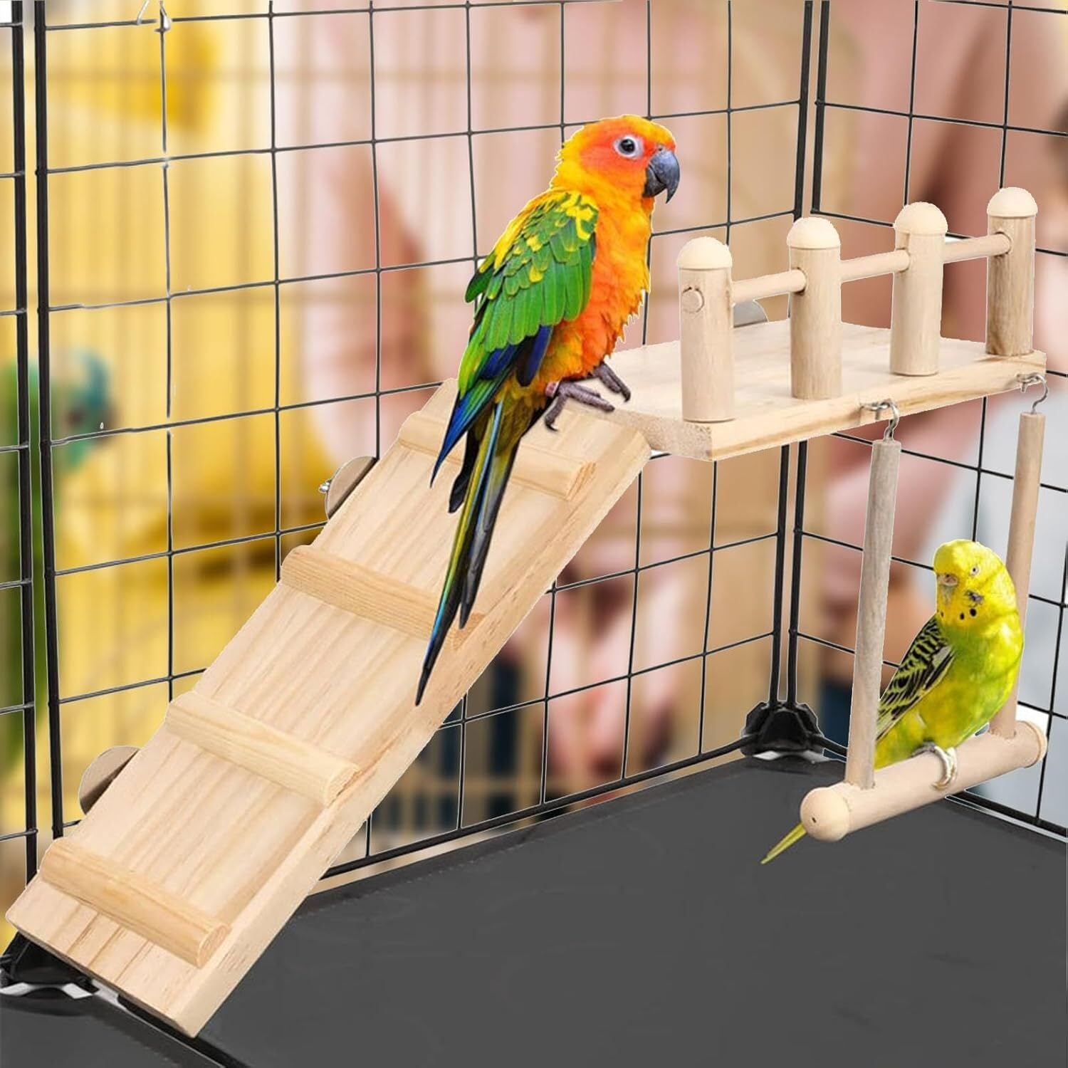 Bird Water Feeder and Bird Swing Toy Set - Wooden Parrot Perch Stand Cage Accessory