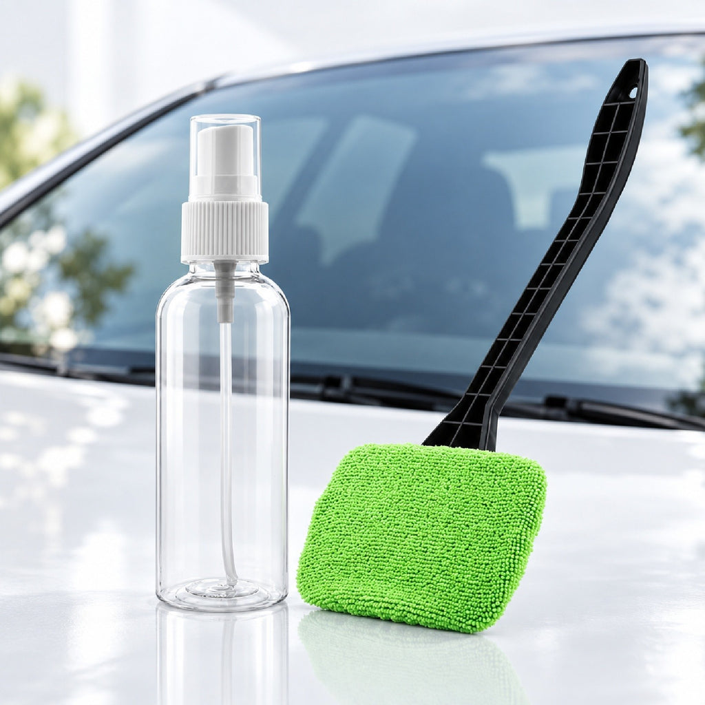 Car Windscreen Window Cleaning Brush Microfibre Pad With Empty Spray Bottle Kit