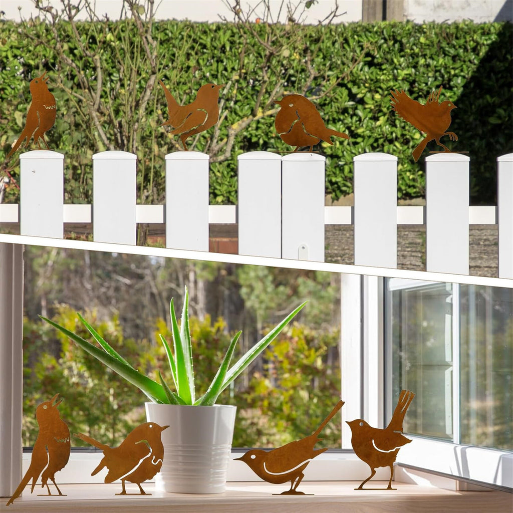 5pcs Rusty Bird Silhouette Garden Decor | Metal Bird Ornaments with Rustic Patina