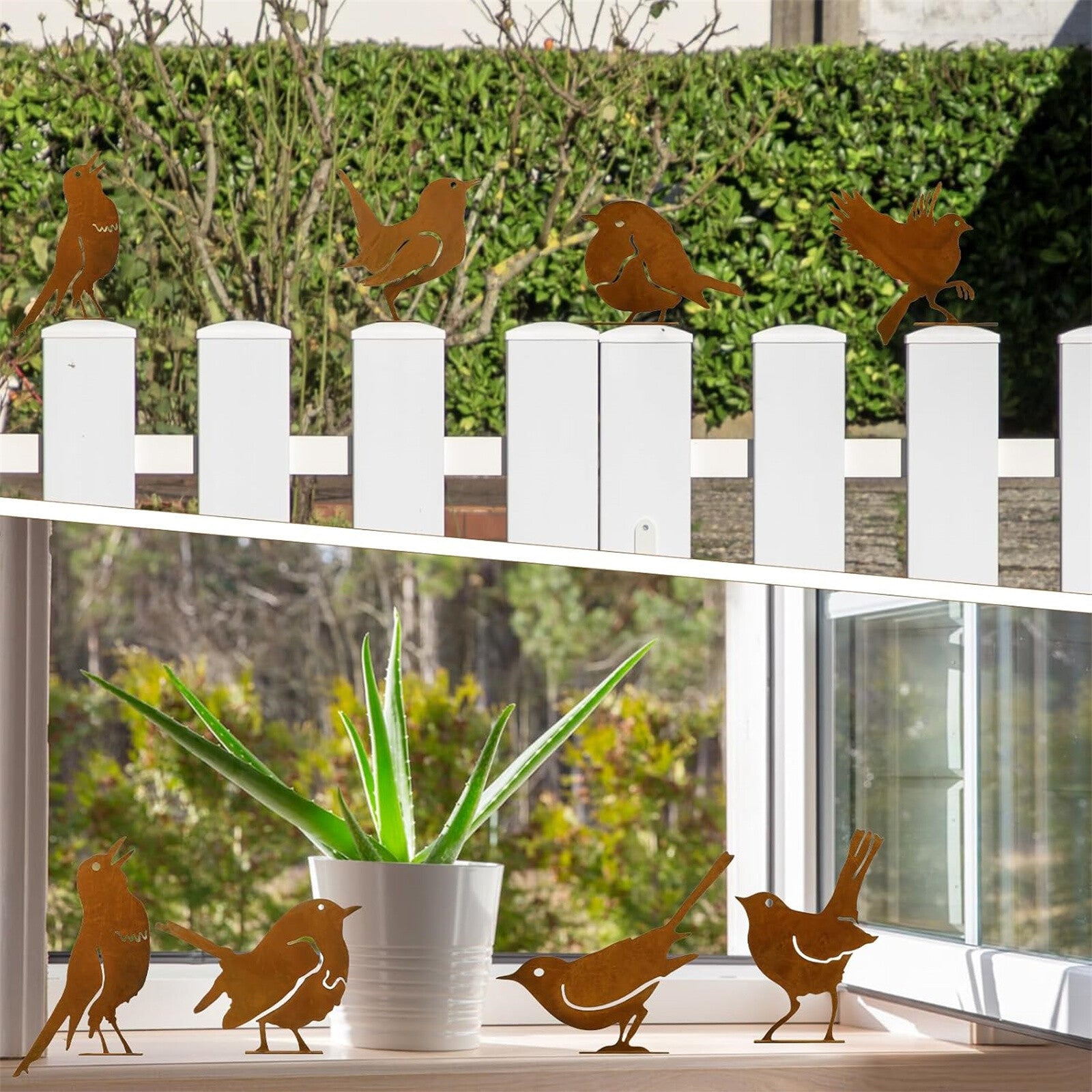 5pcs Rusty Bird Silhouette Garden Decor | Metal Bird Ornaments with Rustic Patina