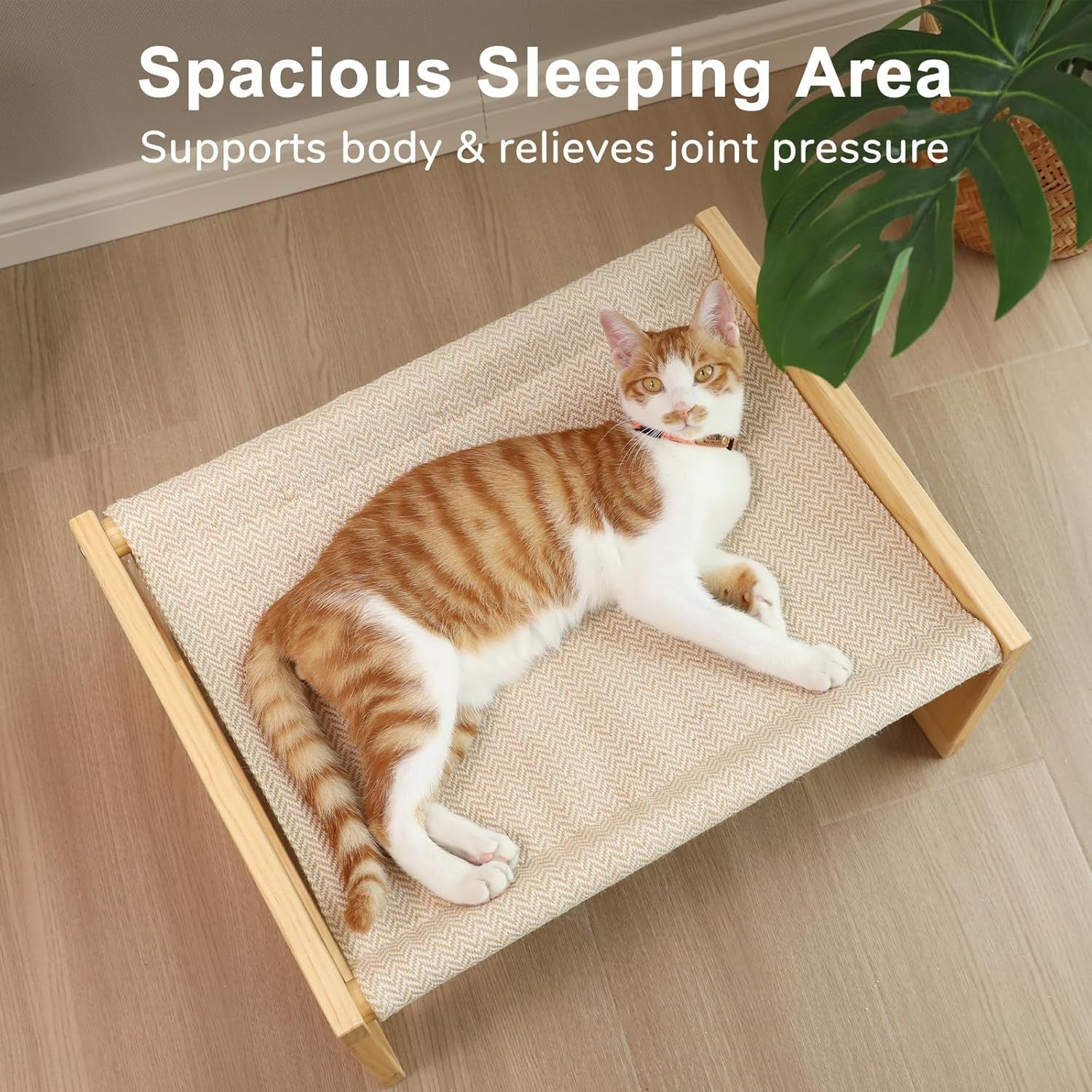 Raised Wooden Cat Bed with Hammock | Solid Pine Elevated Pet Sleeping Platform