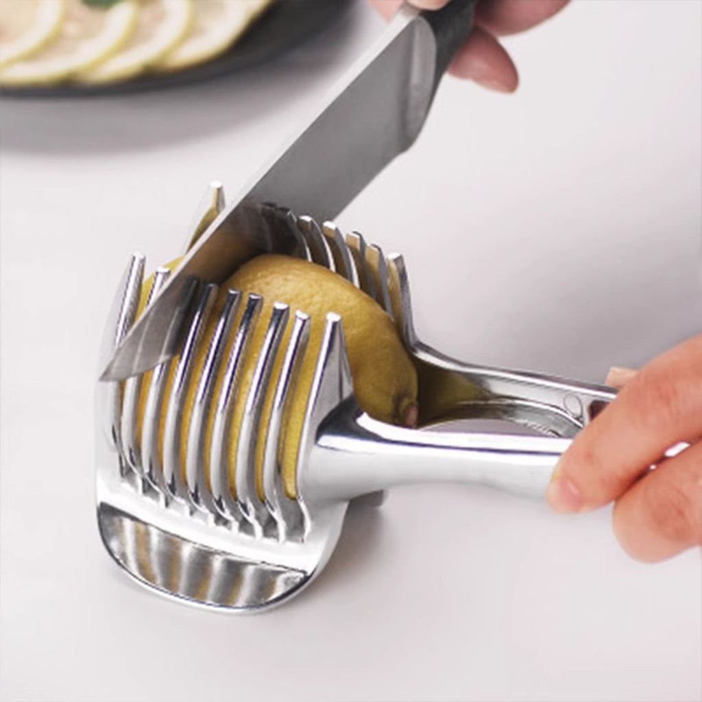 Handheld Tomato Slicer & Lemon Cutter – Stainless Steel Fruit Vegetable Slicing Holder