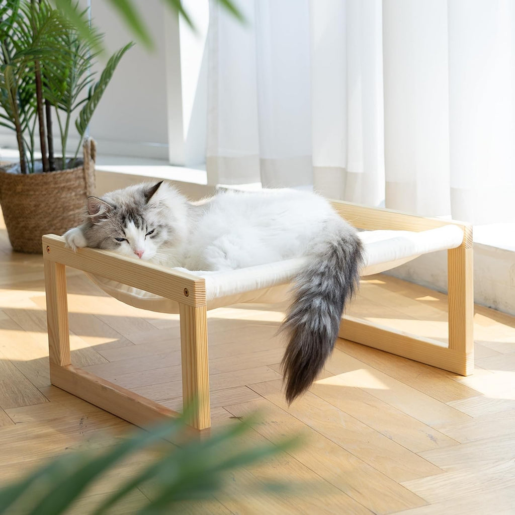 Raised Wooden Cat Bed with Hammock | Solid Pine Elevated Pet Sleeping Platform