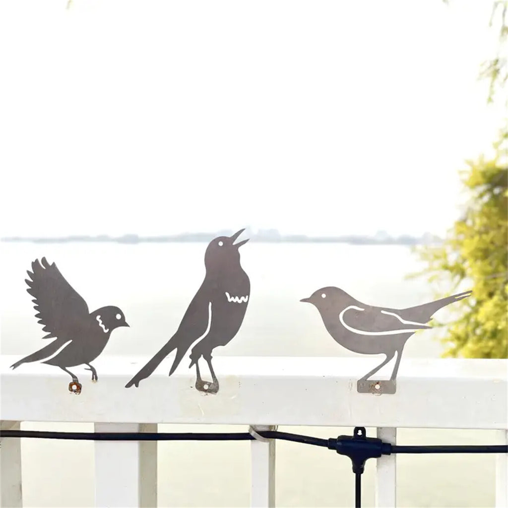 5pcs Rusty Bird Silhouette Garden Decor | Metal Bird Ornaments with Rustic Patina