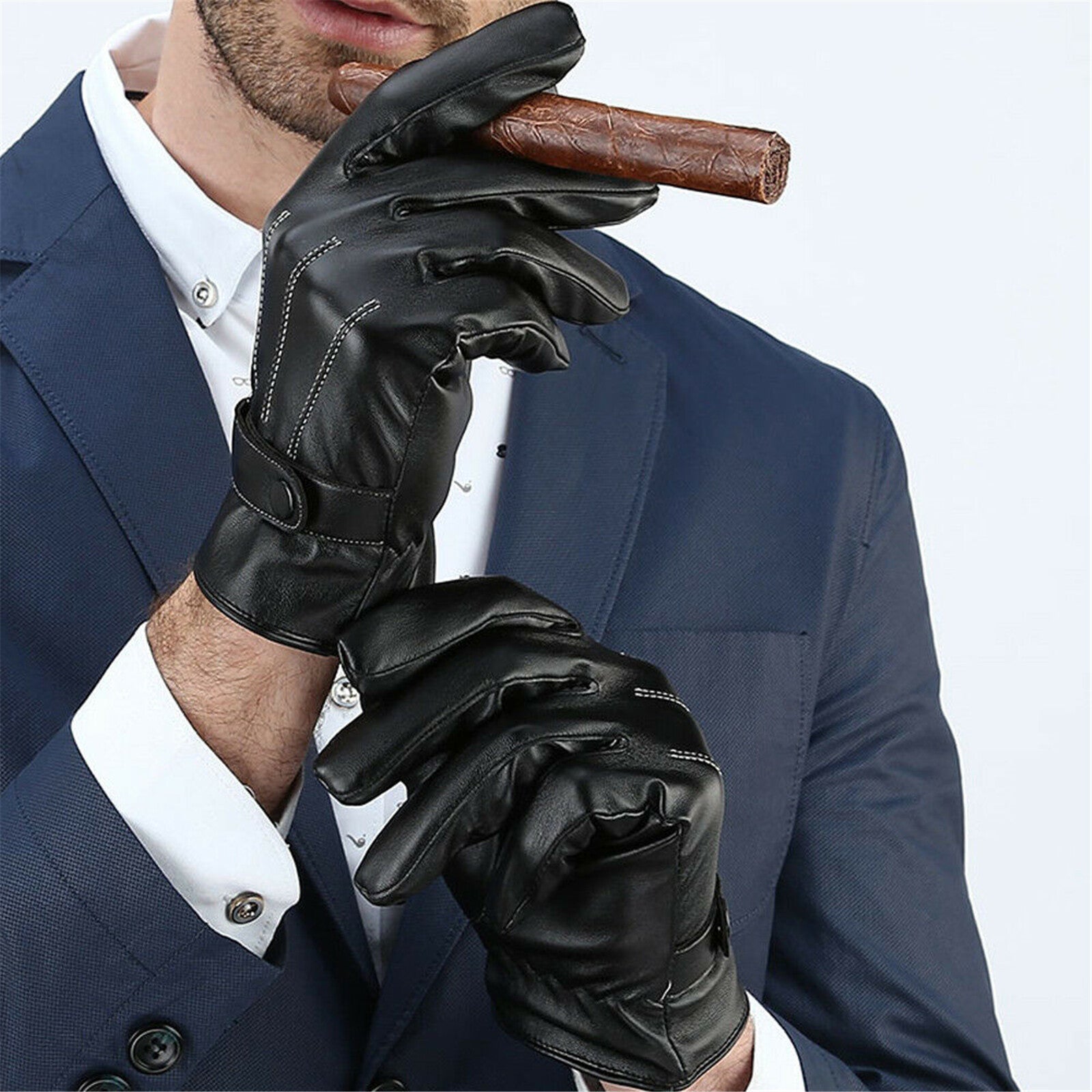 2 Pairs Mens PU Leather Touch Screen Gloves Black Full Finger Winter Gloves
