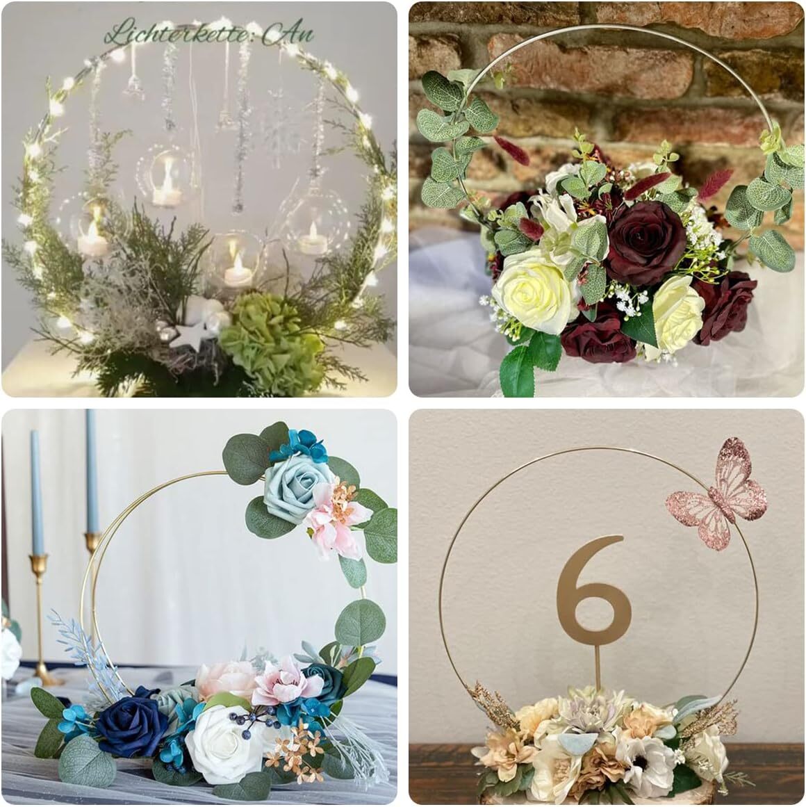 Silver Round Floral Hoop Centerpiece Set - Standing Metal Wreath Hoops for Wedding Party and Event Decor