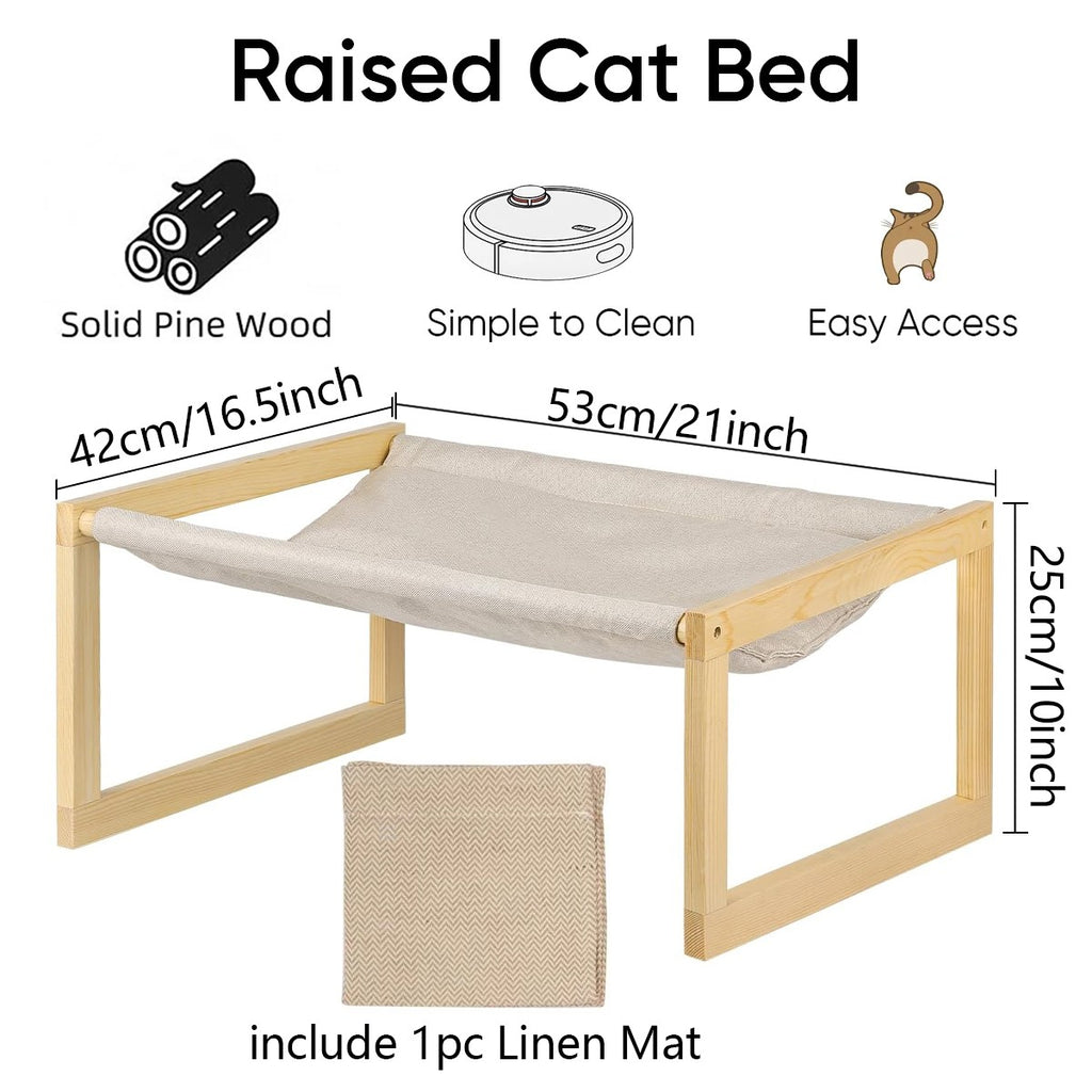 Raised Wooden Cat Bed with Hammock | Solid Pine Elevated Pet Sleeping Platform