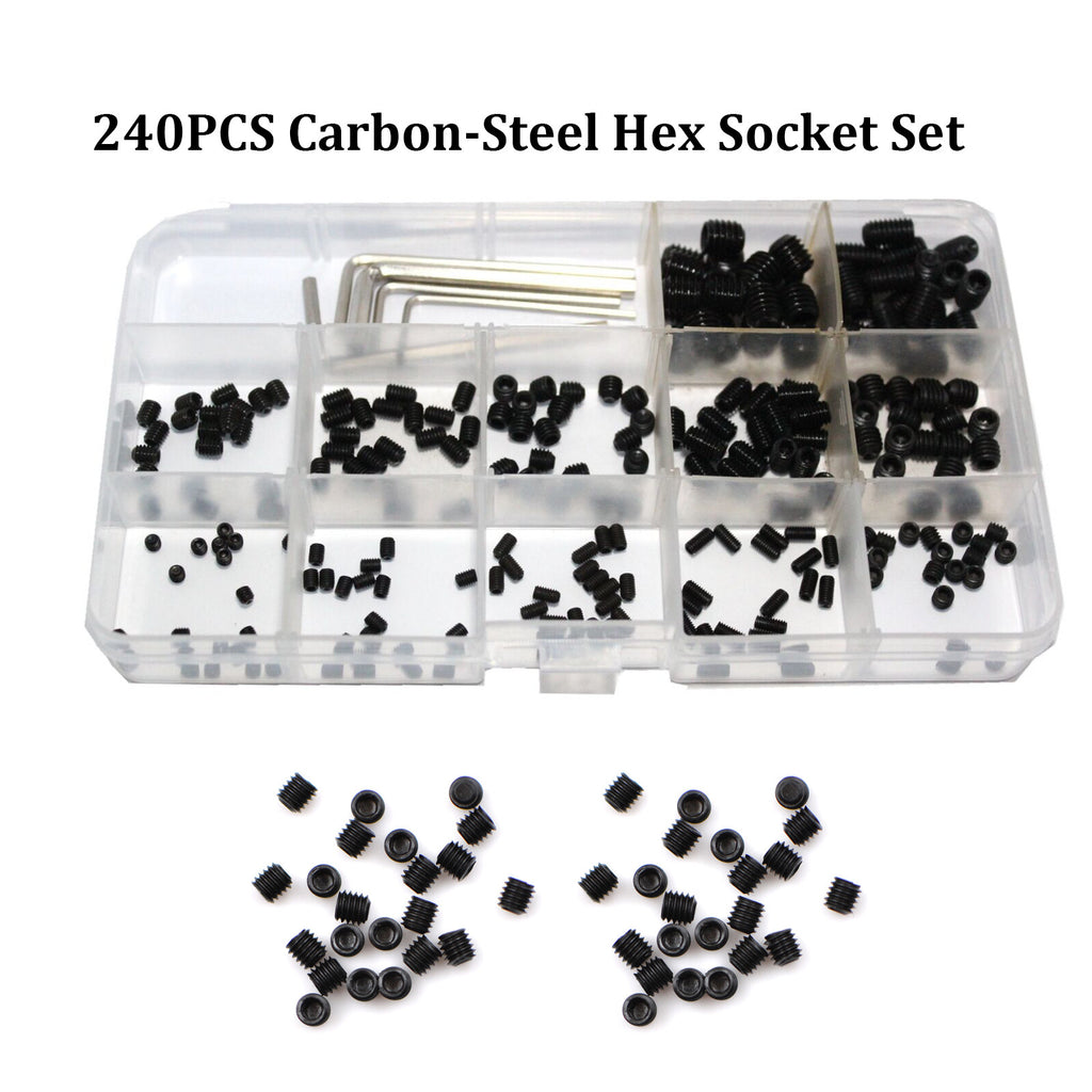 240pcs Hex Socket Grub Screw Set M3–M8 | Carbon Steel Assortment Kit with 5 Hex Keys