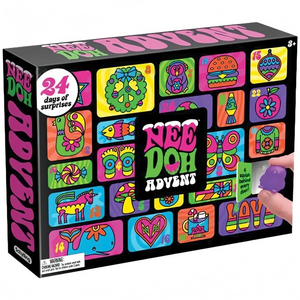 Kids advent calendar 2026 box with 24 doors and squishy fidget toys, front view