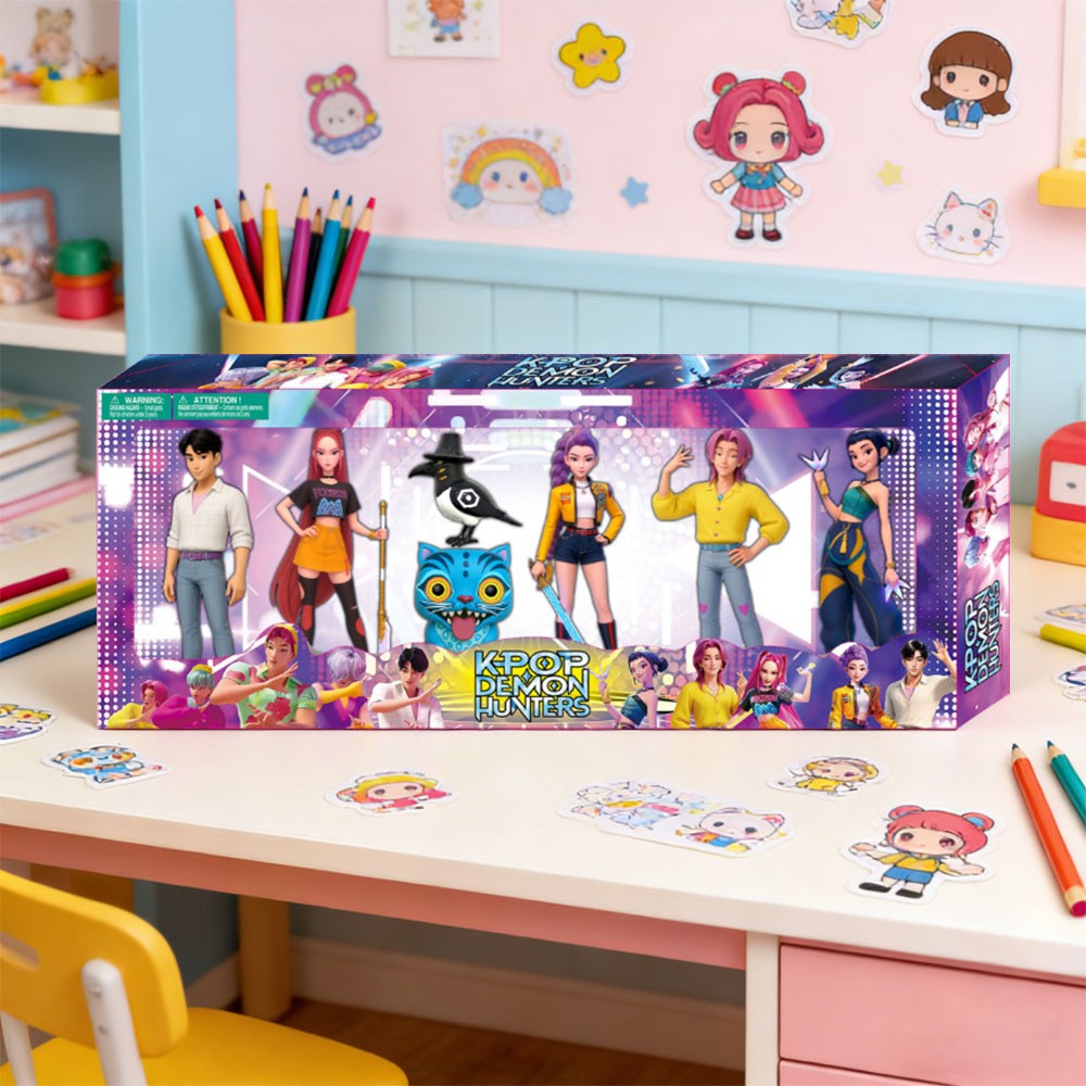 K-pop style figure set in its window box on a kids desk