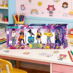 K-pop style figure set in its window box on a kids desk