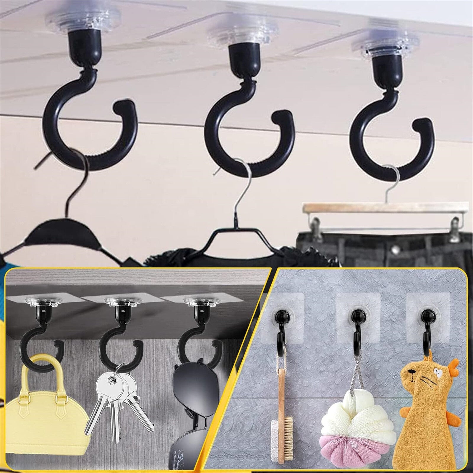 5PCS Rotatable Self Adhesive Wall Hooks Ceiling Door Hanger Heavy Duty Black