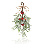Frosted artificial mistletoe sprig with red berries and jute bow, front view