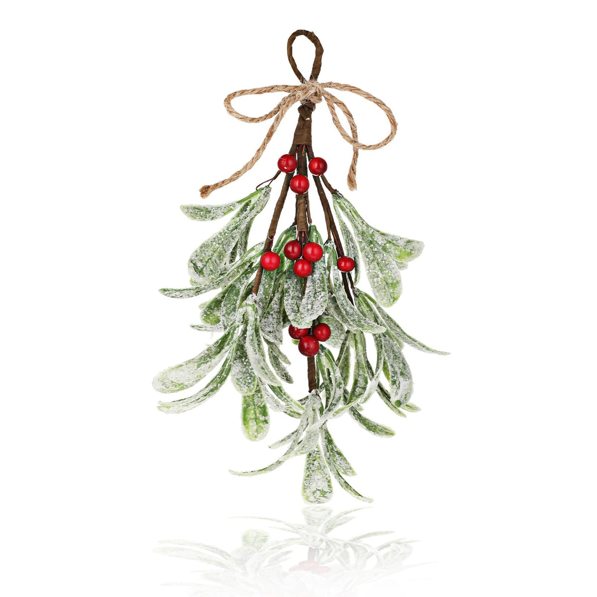 Frosted artificial mistletoe sprig with red berries and jute bow, front view
