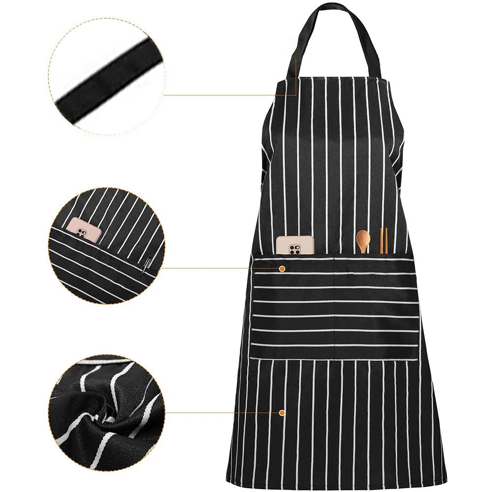 3PCS Striped Kitchen Apron with 2 Pockets – Unisex Chef Cooking BBQ Apron Washable
