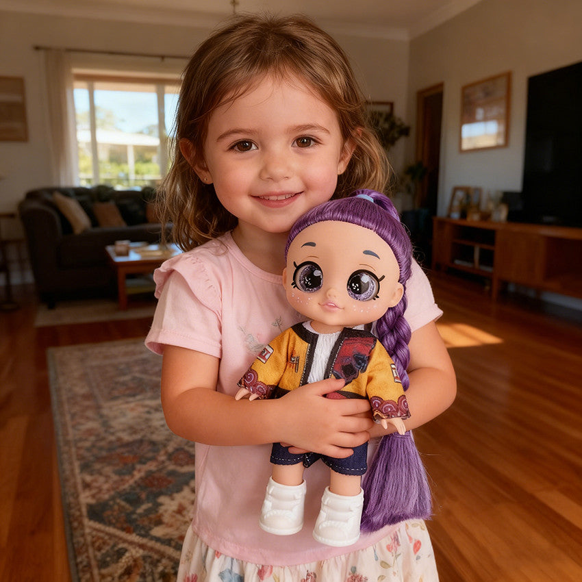 Girl holding a purple hair big eye doll