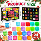 Squishy cube advent calendar showing 24 translucent coloured cubes and box dimensions