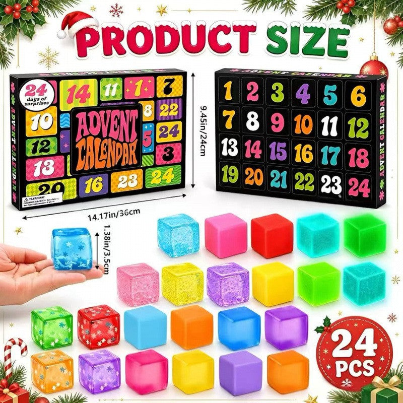 Squishy cube advent calendar showing 24 translucent coloured cubes and box dimensions