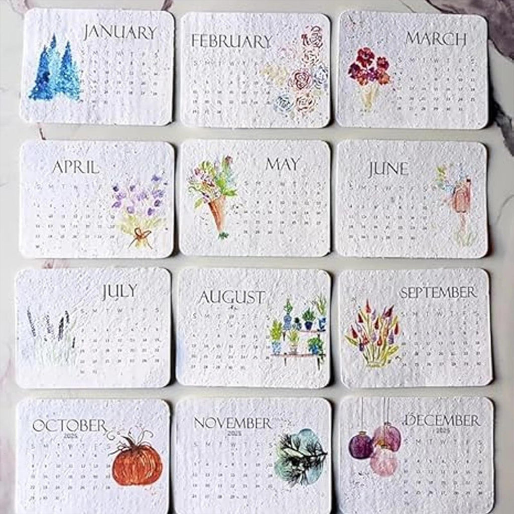 Twelve plantable 2027 calendar cards January to December arranged in rows
