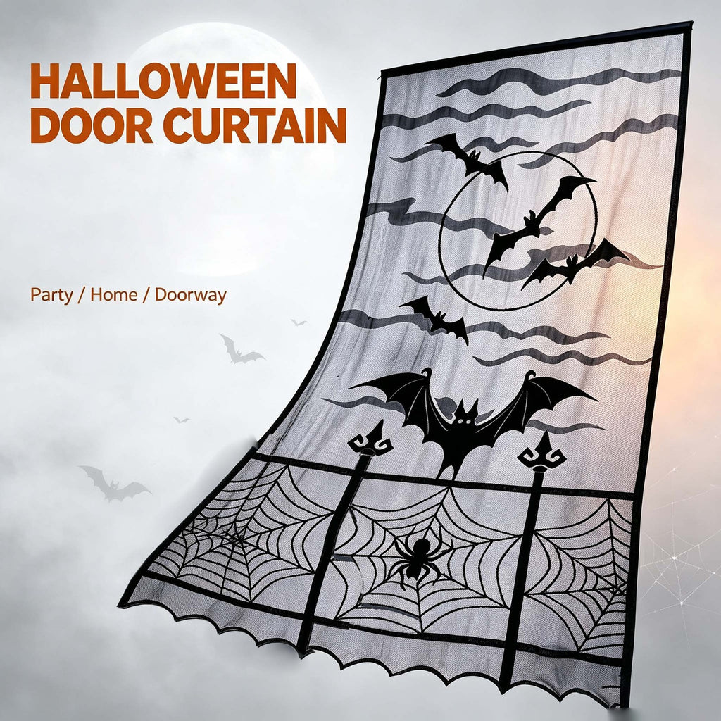 1-4PCS Black Lace Bat Halloween Curtains Gothic Window Party Hanging Decoration