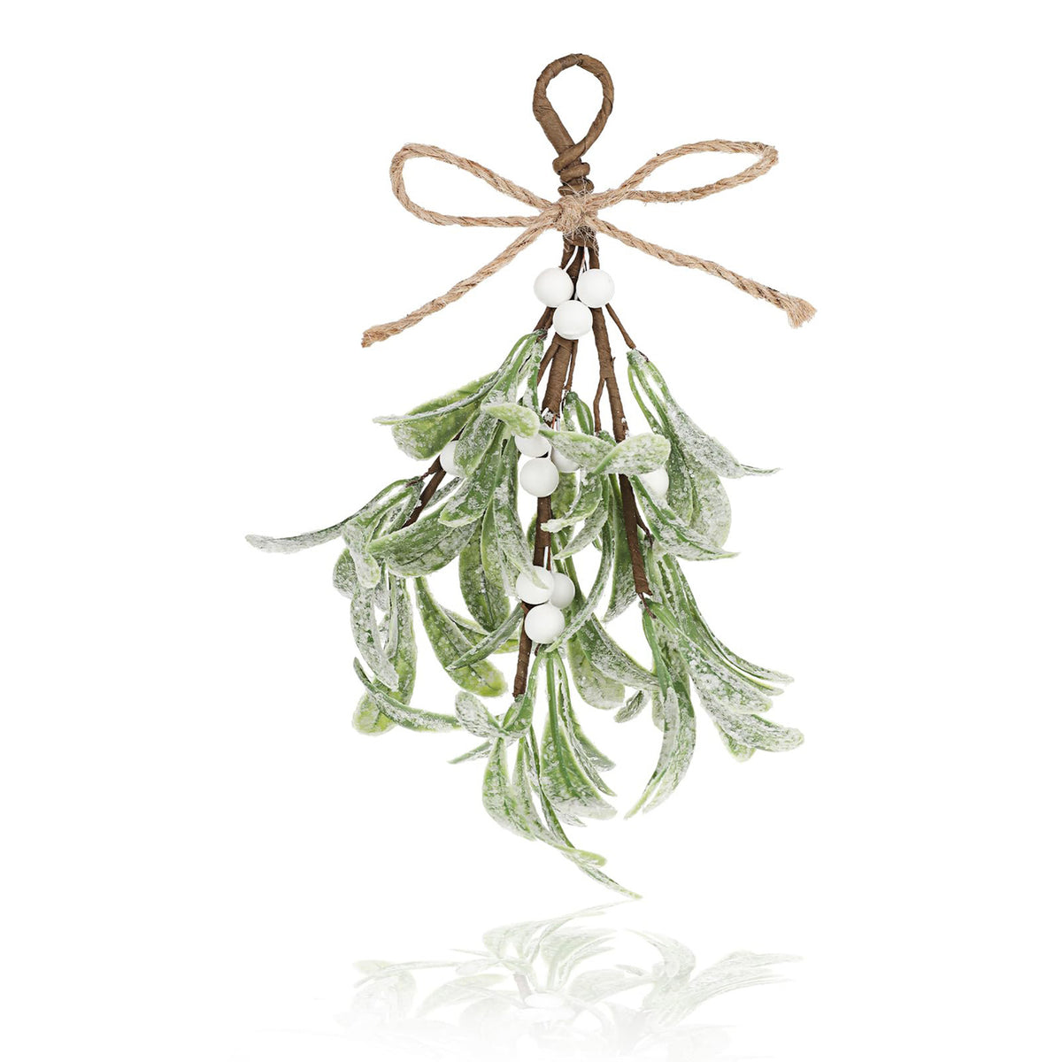Frosted artificial mistletoe with white berries and twine hanging loop