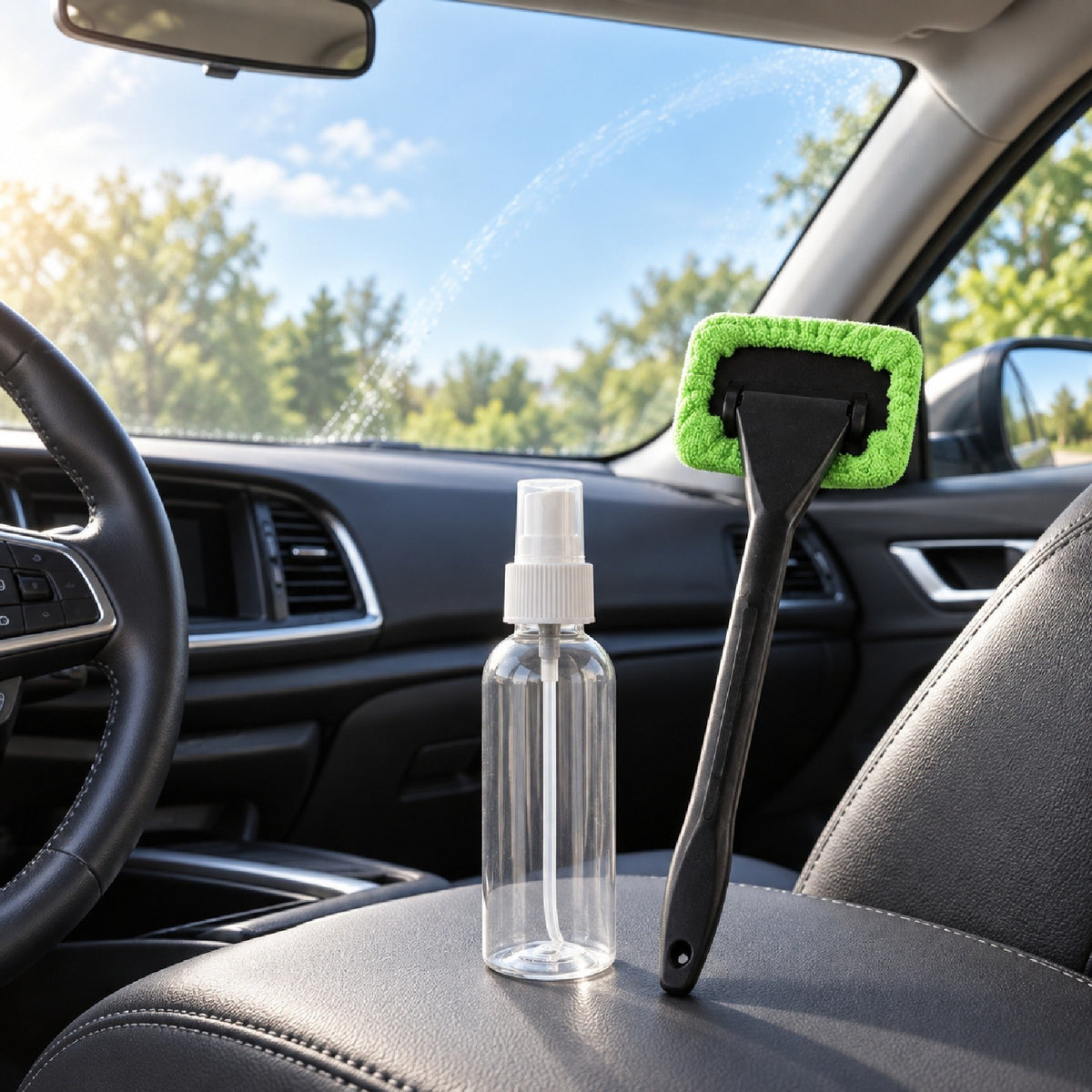 Car Windscreen Window Cleaning Brush Microfibre Pad With Empty Spray Bottle Kit