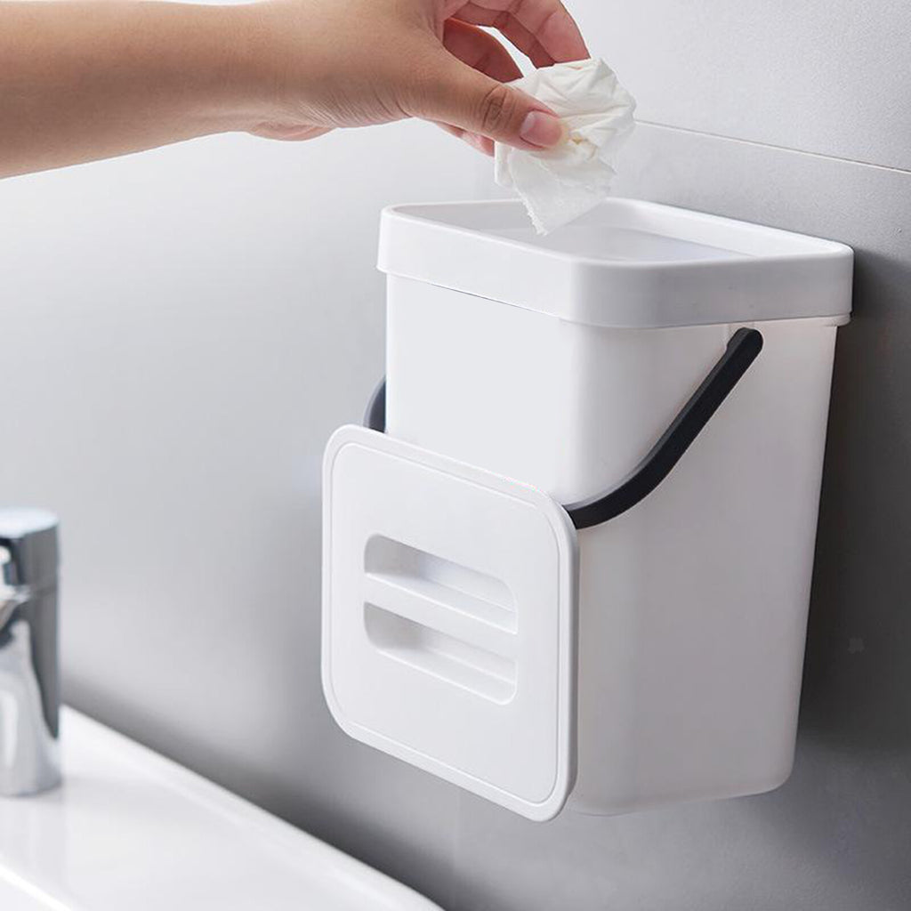 2 Pack Wall Mounted Mini Trash Can with Lid – Hanging Plastic Waste Bin for Kitchen and Bathroom