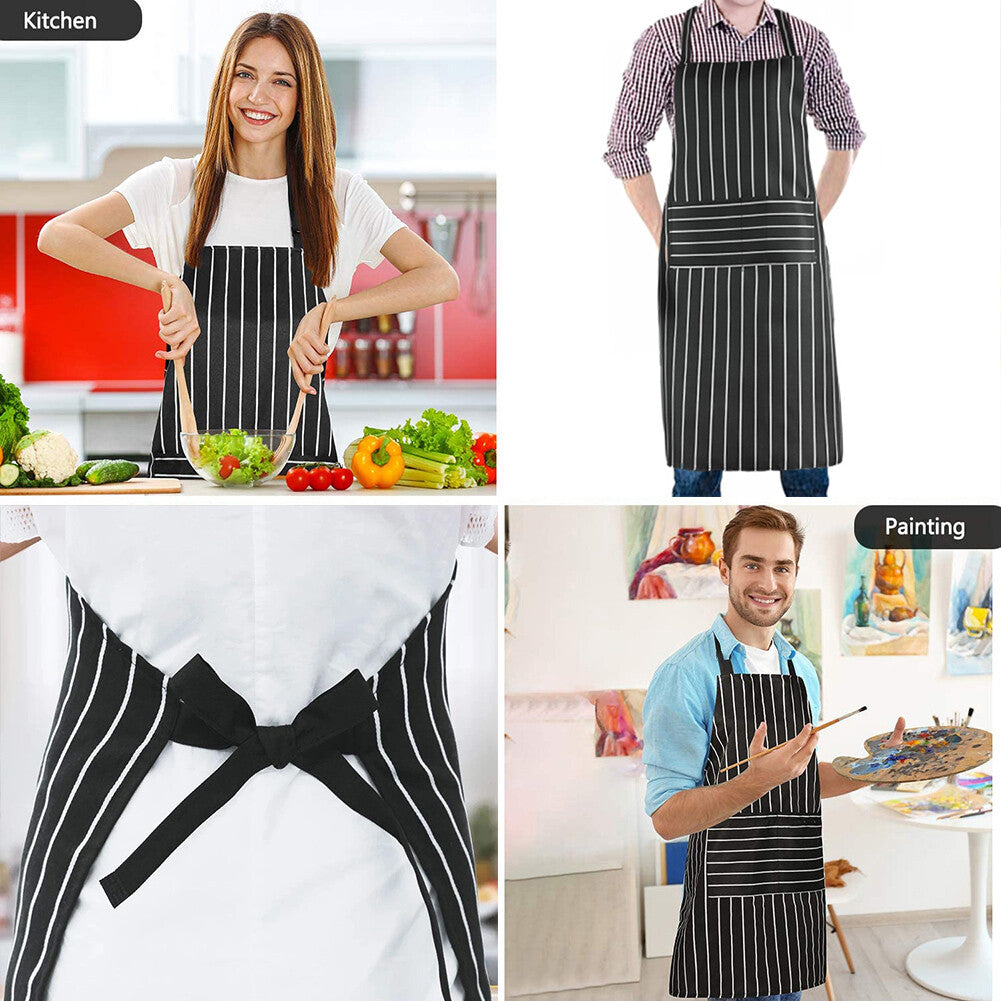 3PCS Striped Kitchen Apron with 2 Pockets – Unisex Chef Cooking BBQ Apron Washable