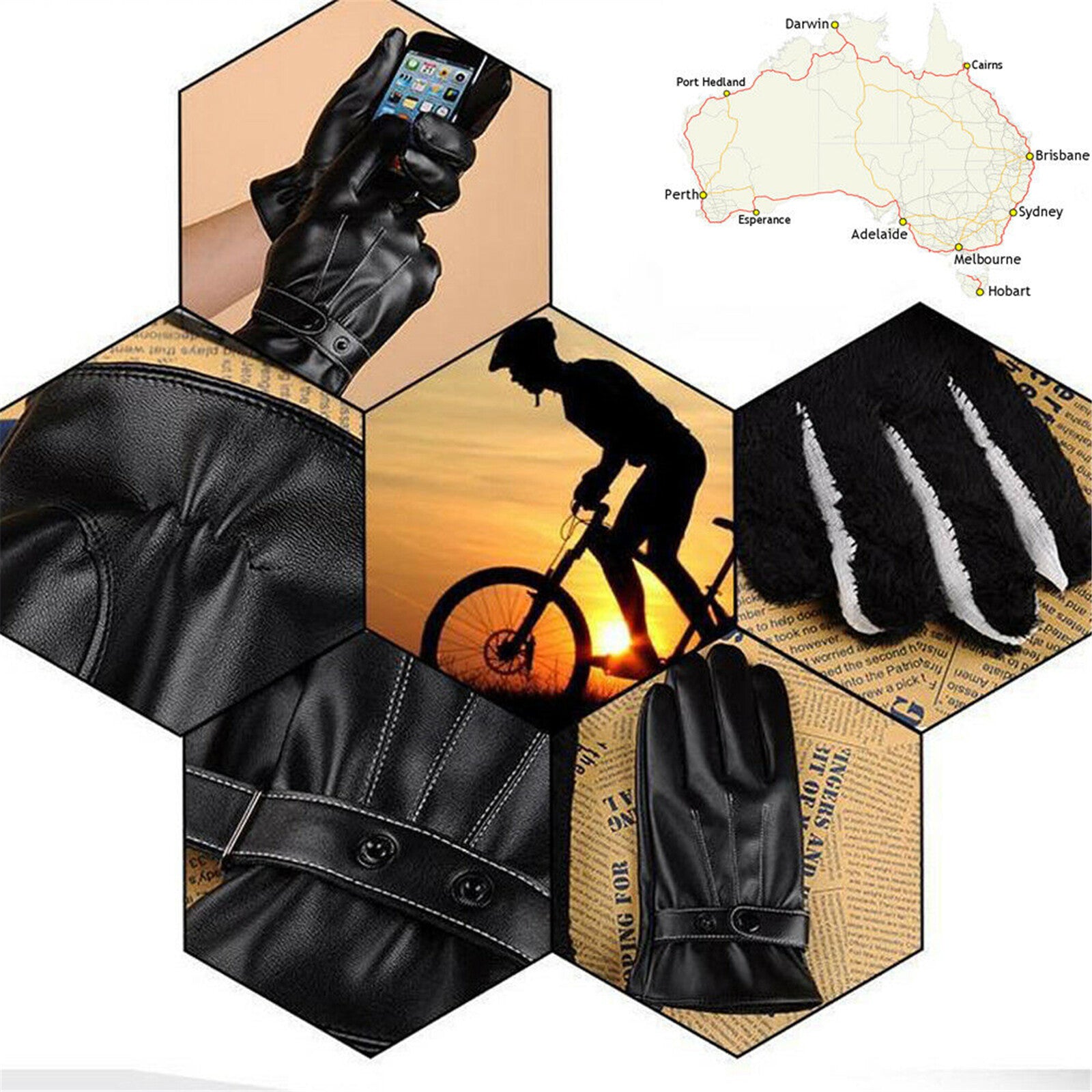 2 Pairs Mens PU Leather Touch Screen Gloves Black Full Finger Winter Gloves