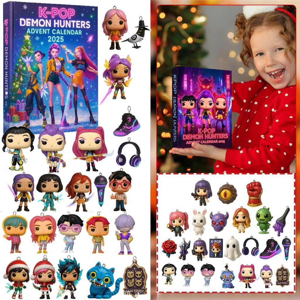 K-pop advent calendar box and 24 girl group ornaments with a smiling girl