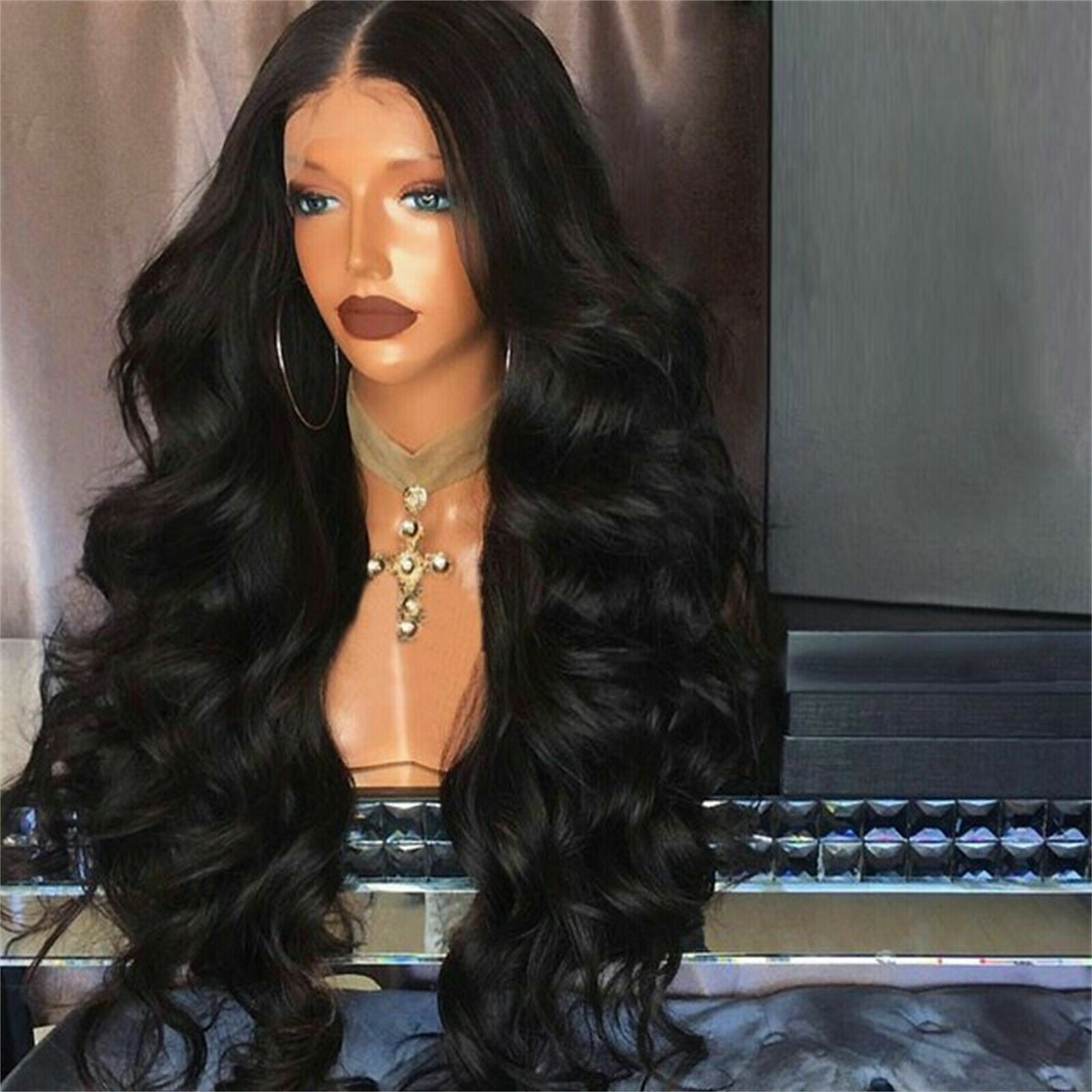 Women’s 68cm Long Wavy Curly Synthetic Wig with Hair Net | Black Cosplay Full Wig