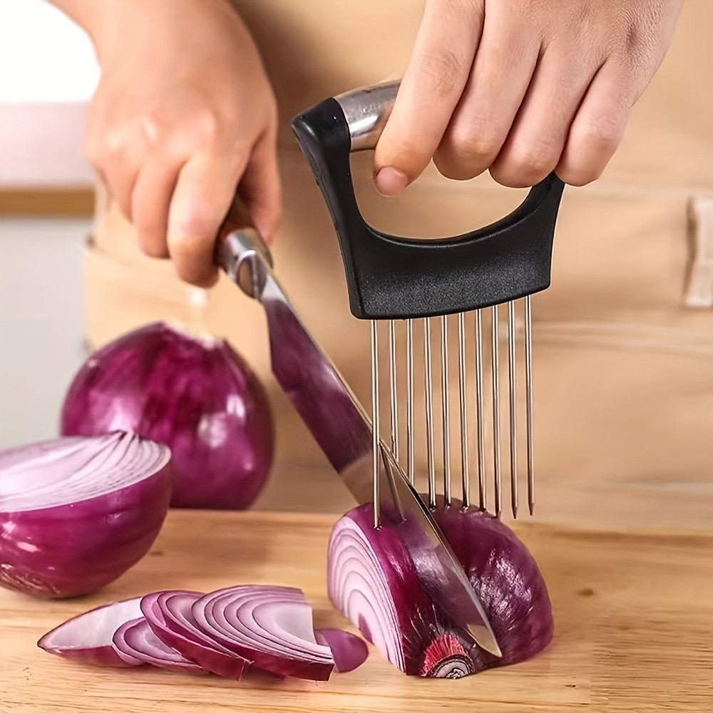 3PCS Food Slice Assistant Onion Slicer Holder - Stainless Steel Vegetable and Meat Cutter Guide