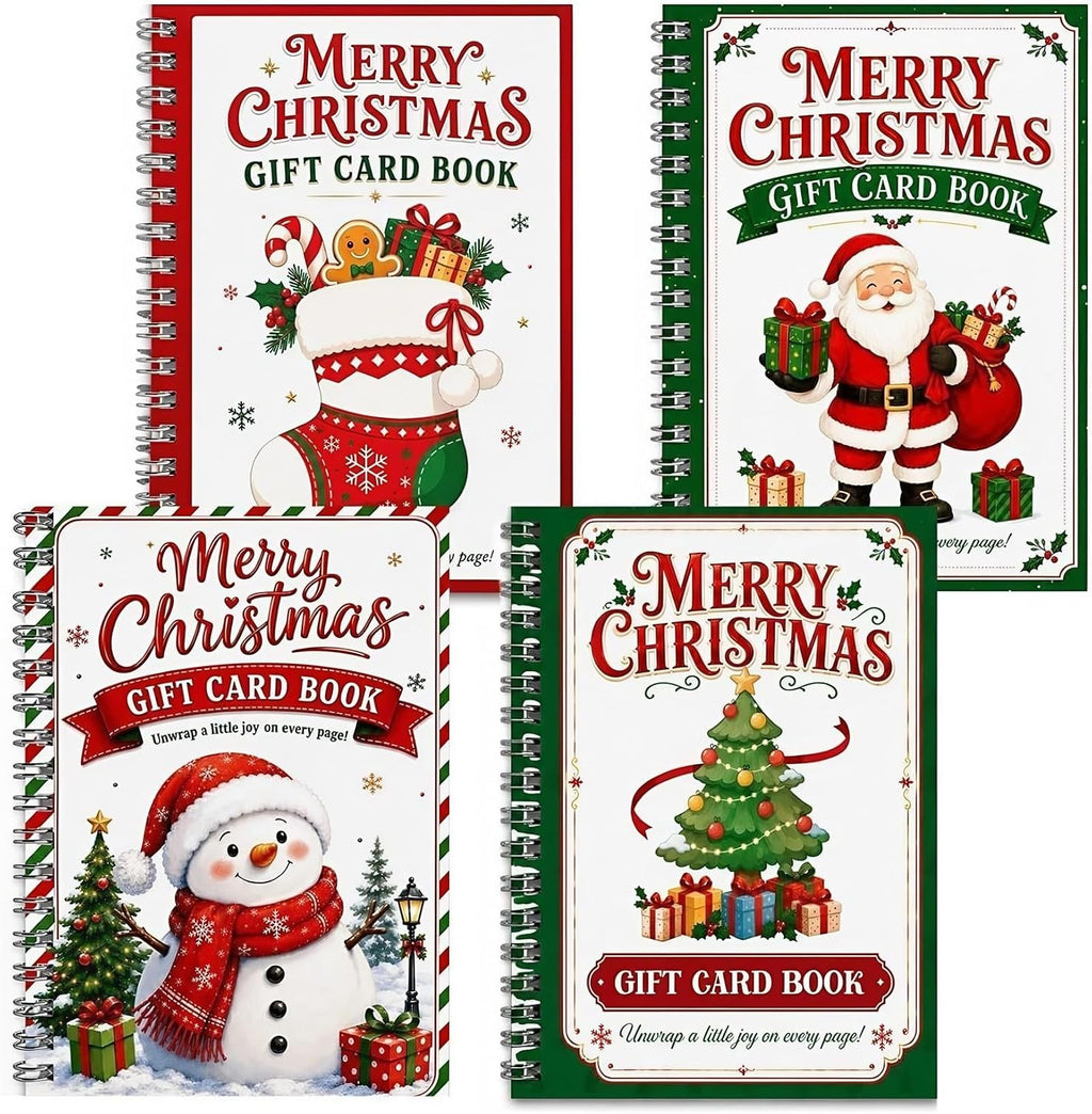 Christmas gift card holder book set of 4 spiral-bound covers – snowman, Santa, stocking and tree