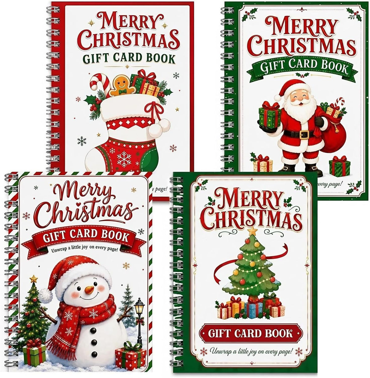 Christmas gift card holder book set of 4 spiral-bound covers – snowman, Santa, stocking and tree