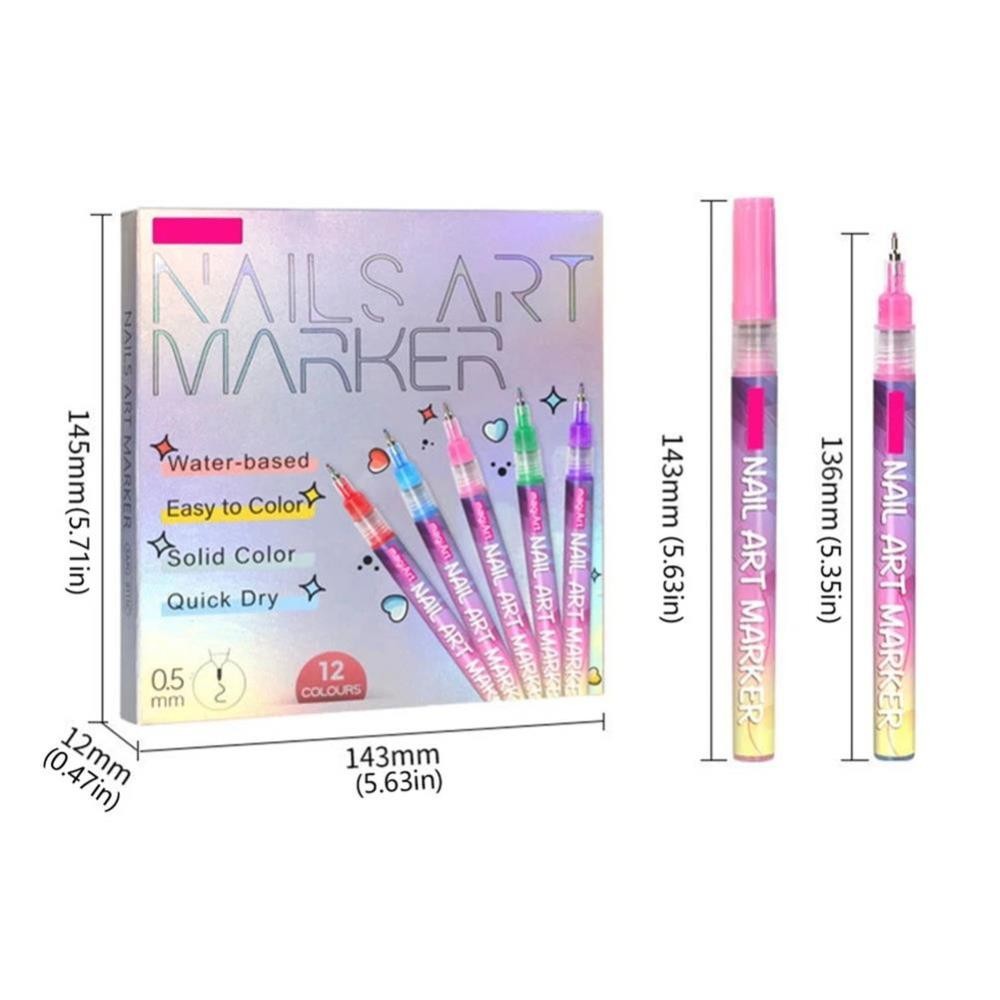 36pcs Nail Art Marker Pens Set | 12 Colors Fine Tip Nail Design Pens for DIY & Salon