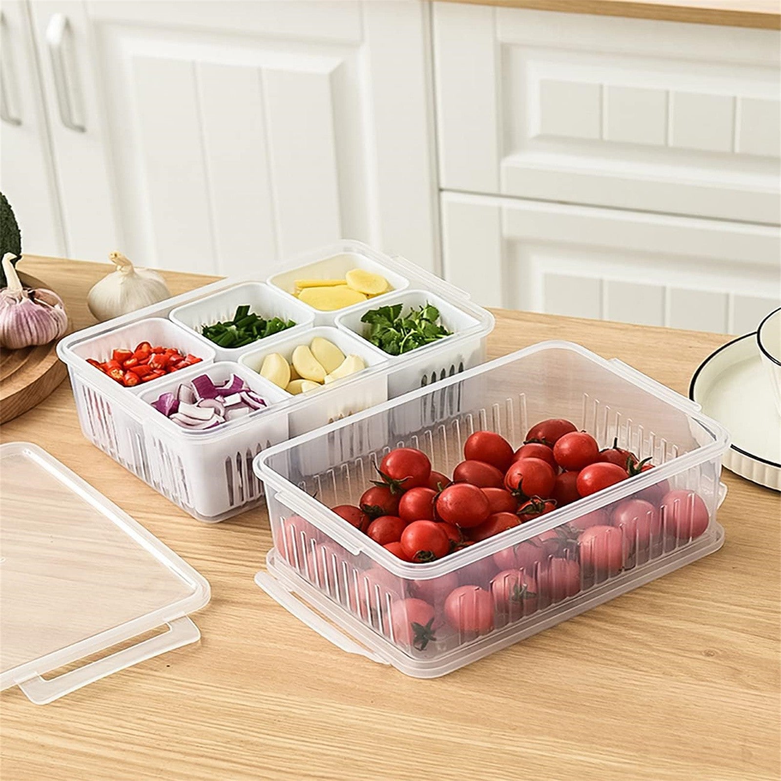 2pcs Fridge Storage Organizer Boxes | 6 Grid Vegetable Onion Meat Drain Containers