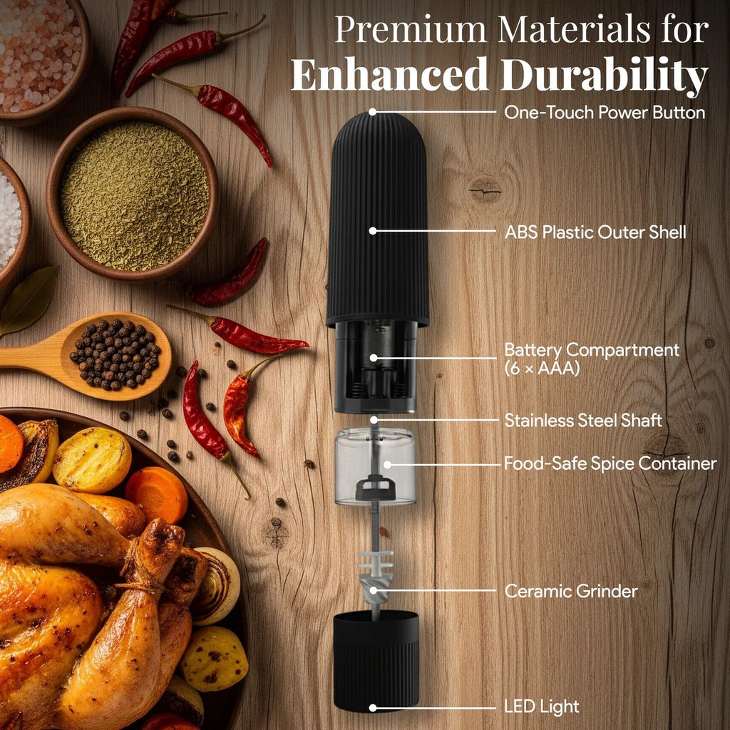 Electric Salt and Pepper Grinder – Battery Powered Spice Mill with Adjustable Coarseness (1 or 2 Pack)